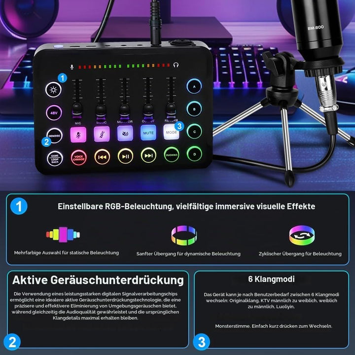 OFFCUP Podcast Equipment Set Mischpult Audiomixer mit Stativ Kondensator Mikrofon USB C Audiointerfa