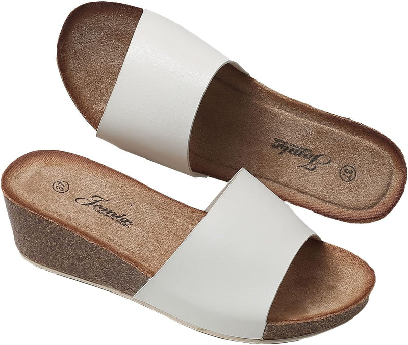 JOMIX Sommer Pantoletten Damen Clogs Leder Keilabsatz Sandalen Bequeme Kork Fussbett Meer Pool Stran