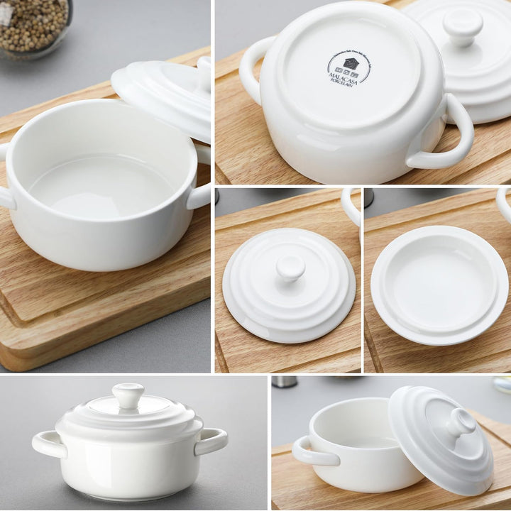 MALACASA Mini Cocotte mit Deckel, 4 Stück Auflaufform Klein aus Porzellan mit Griffen, Kleine Auflau