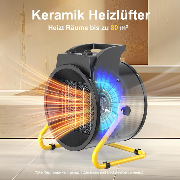 Heizlüfter 9 kW Keramik Industrie 400V mit Thermostat, 3 Heizstufen | Heizstrahler Elektro Bauheizer