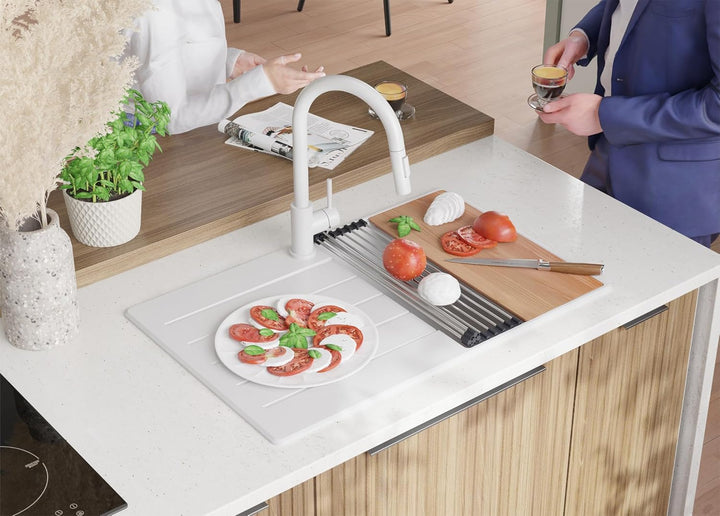 Granitspüle Weiss 78x50 cm, Spülbecken + Ablauf-Set + Küchenarmatur 9000, Küchenspüle für 45er Unter