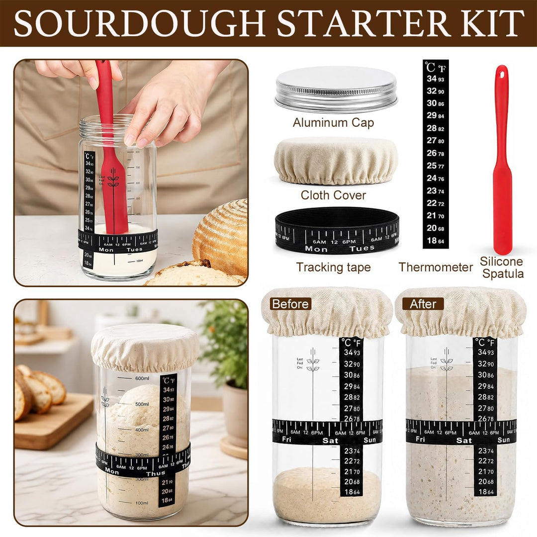 20-Teilig Sauerteig Starter Set mit 2 Gärkörbchen,Natürlicher Rattan Gärkorb Brot Set,Komplettes Bro