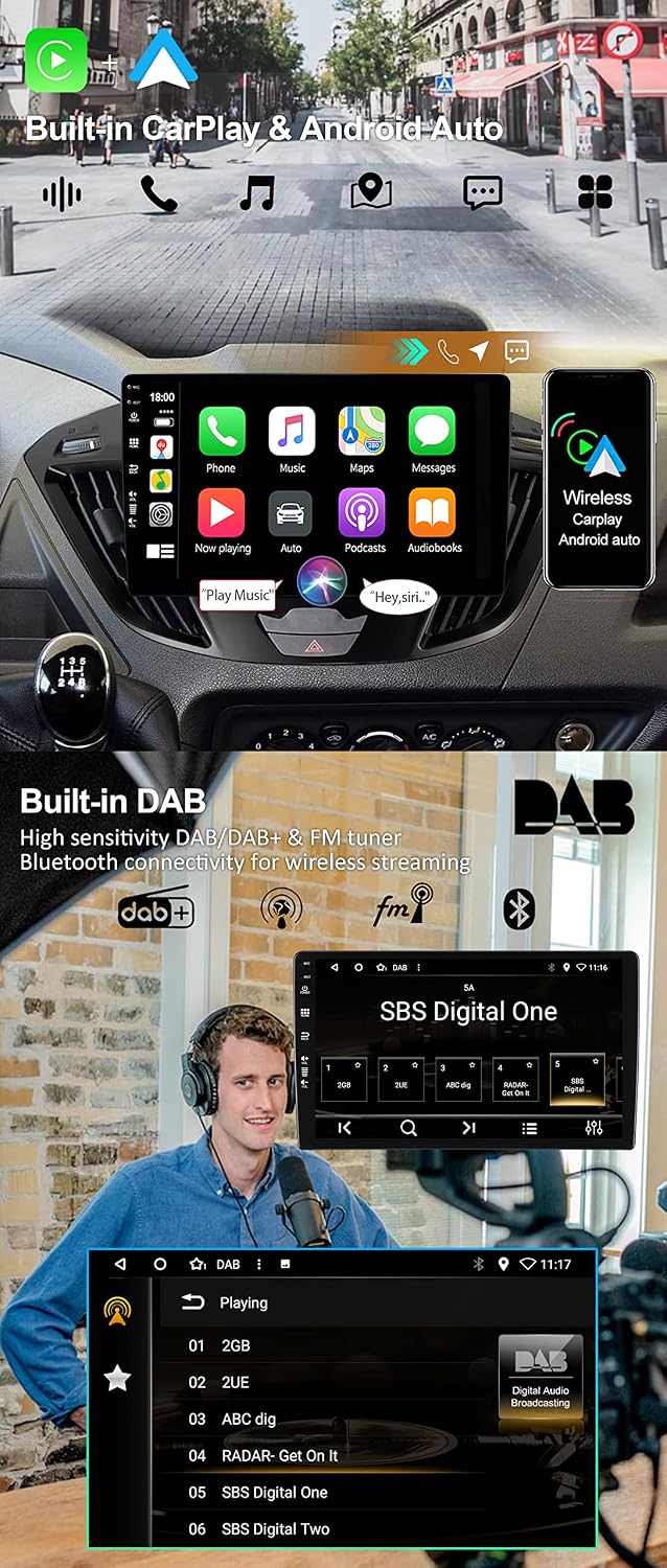 Android 15 IPS Autoradio - [Eingebaut DAB] - Passt für Ford Tourneo Transit Custom (2013-2021) - Kab