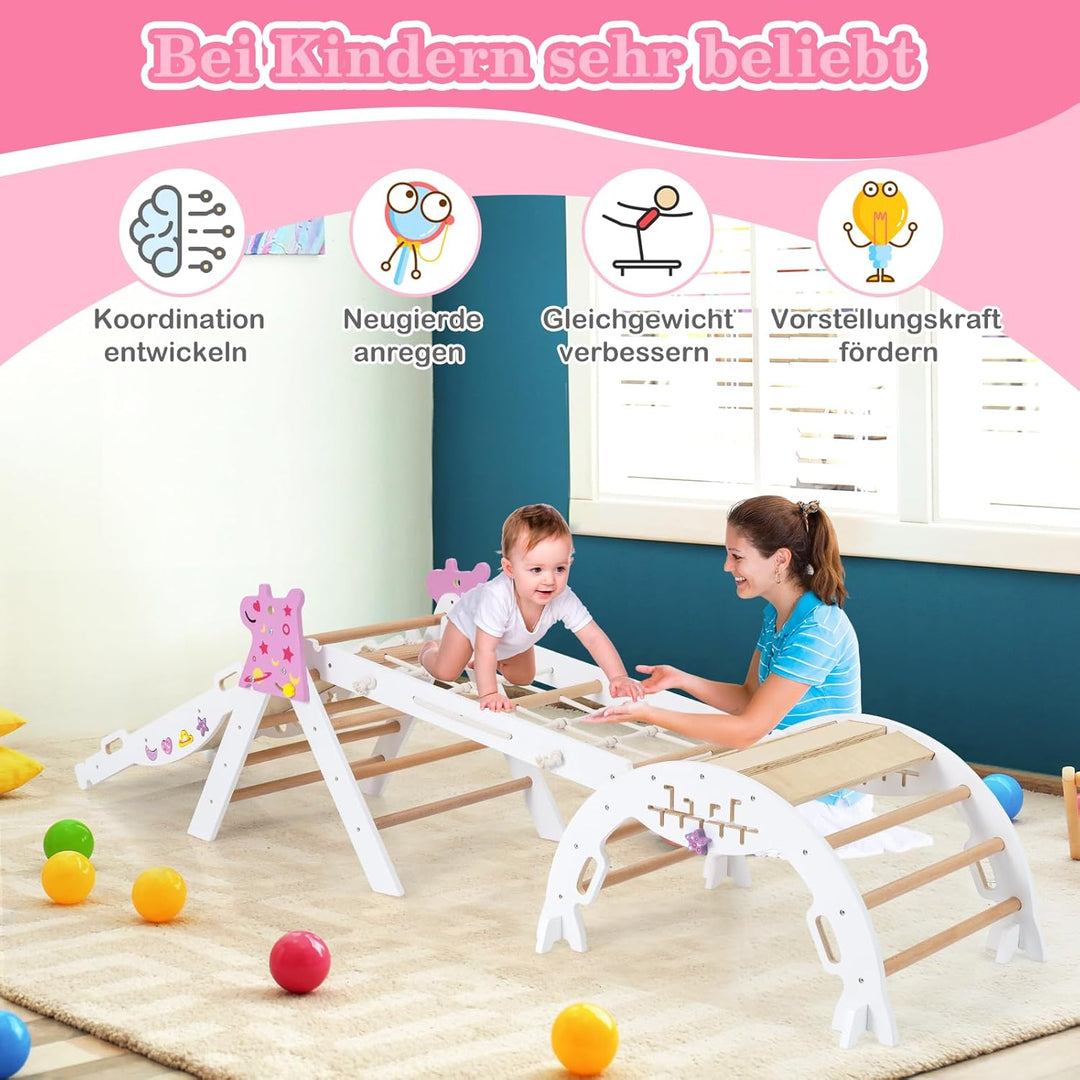 COSTWAY Klettergerüst Indoor 4er Set, klappabres Kletterdreieck mit Rutsche, Kletterbogen, Netz, ink