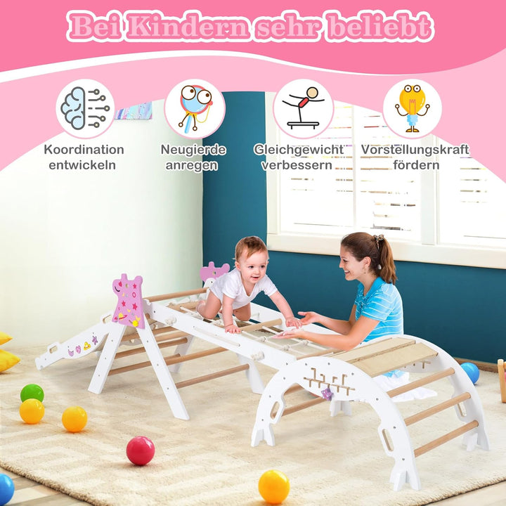 COSTWAY Klettergerüst Indoor 4er Set, klappabres Kletterdreieck mit Rutsche, Kletterbogen, Netz, ink