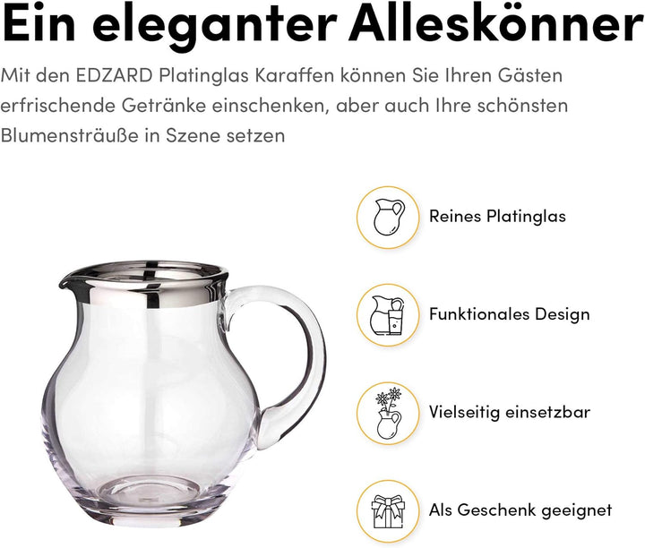 EDZARD Glaskaraffe Olivia, feiner Kristallglas Krug mit Platinrand, Füllvolumen 1,0 Liter, Höhe 16 c