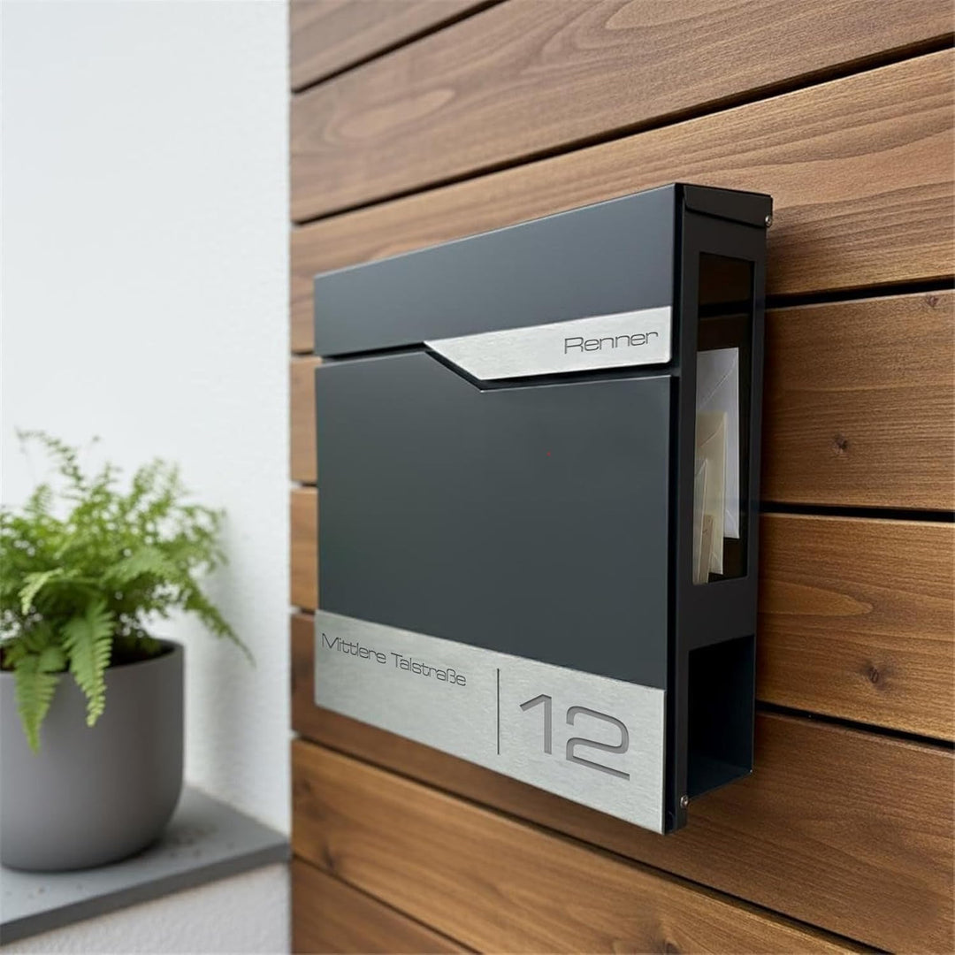 Metzler® Briefkasten Anthrazit mit Zeitungsfach und Sichtfenster – personalisiert mit Lasergravur –