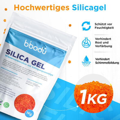 BIBODU Silica Gel Orange 1KG | Silikat Trockenmittel Ungiftig | Silica Kugeln Wiederverwendbar mit S
