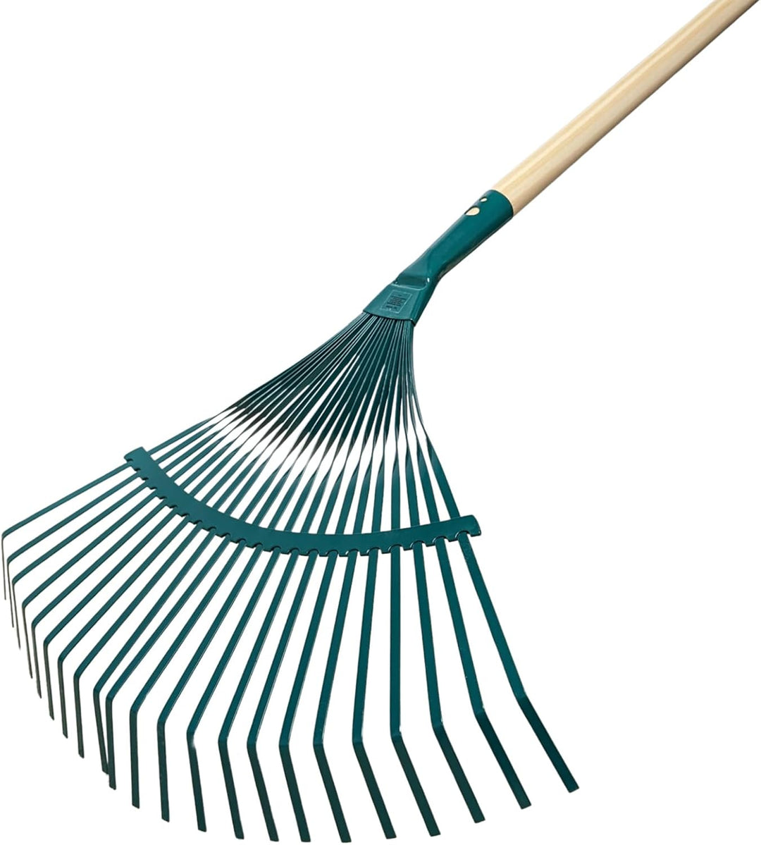 Laubrechen Garten Laub Fächer Rechen Besen Fächerbesen Metall grün lackiert mit 22 Zinken und Stiel