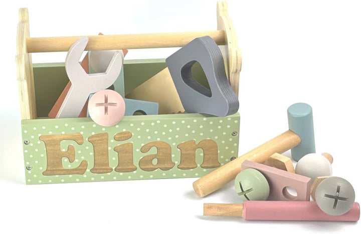 Elefantasie Werkzeugkiste Werkzeugkasten aus Holz Teddy personalisierbar mit Name Baby Geschenk mit