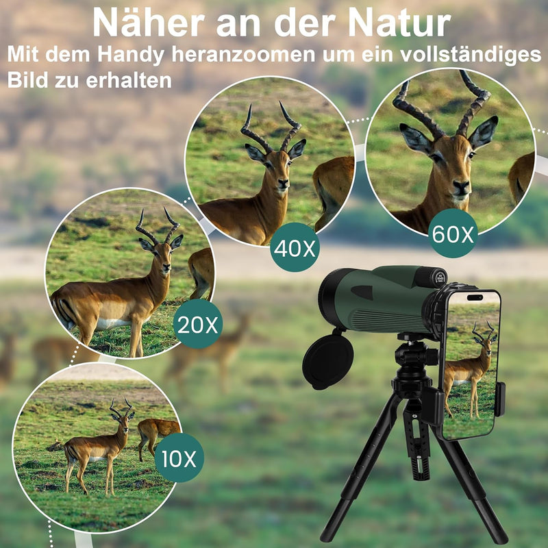 Monokular 60X80 Zoom Monokulare Teleskop Fernrohr Erwachsene mit Smartphone Halterung Stretchable St