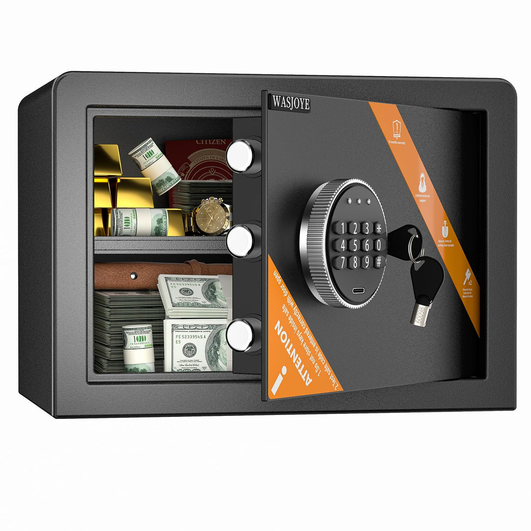 WASJOYE 25L Tresor Safe mit Zahlenschloss, Möbeltresor mit Schlüssel Elektronischem, Digital Geldkas