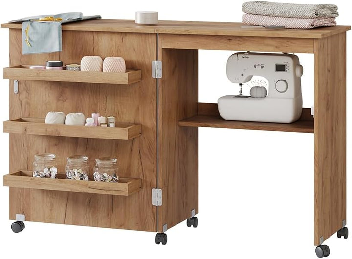 Vicco Nähtisch Carmen, Eiche, 118 x 77.5 cm mit 3 Regalfächer Eiche 118 cm, Eiche 118 cm