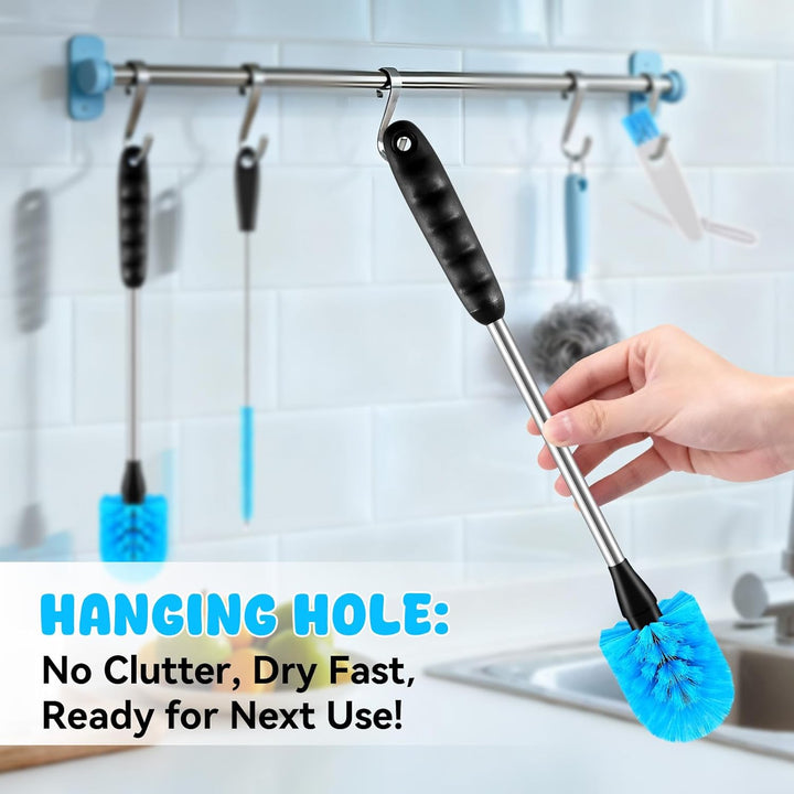 SLUXKE Long Handle Bottle Brush Set with Straw Cleaner Brush and 3 in 1 Cup Lid Cleaning Brush, Wate