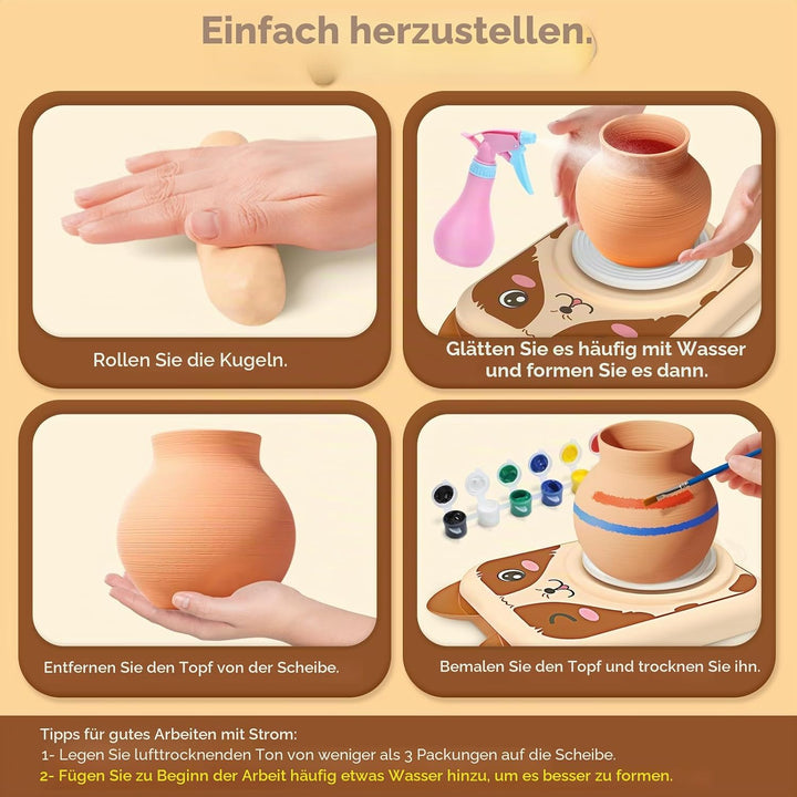 Skirfy Töpferset für Kinder, Töpferscheibe Elektrisch für Kinder, Mini Töpferscheibe mit Töpferton,T