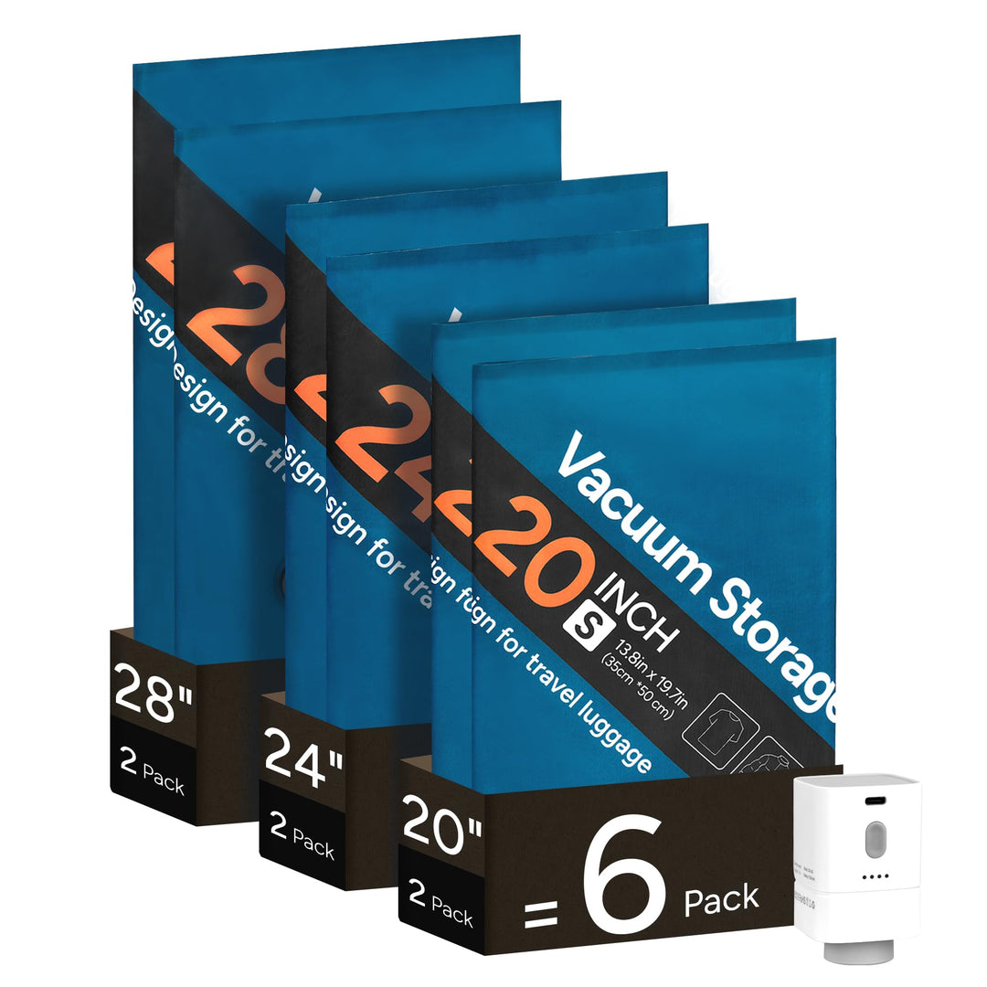 travel inspira 6x Vakuumbeutel für Kleidung mit Kabelloser Pumpe(2S+2M+2L) | 80% Platzsparend & Wied