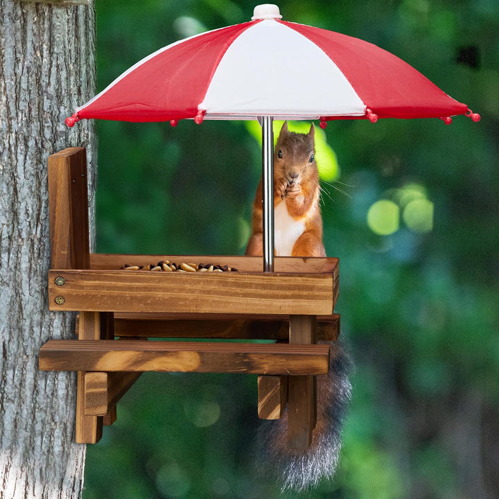 Relaxdays Eichhörnchen Tisch, Holz, Eichhörnchenbank mit 2 Schirmen, Eichhörnchen-Picknicktisch zum