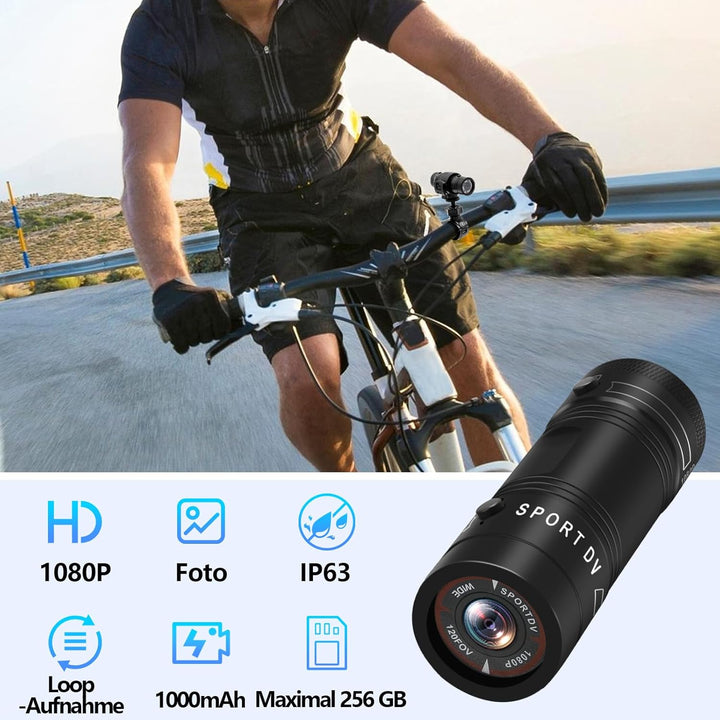 Action Cam, 1080P HD & 120° Weitwinkel Helmkamera, 1000mAh Hochleistungsakku & IP63 wasserdicht Acti