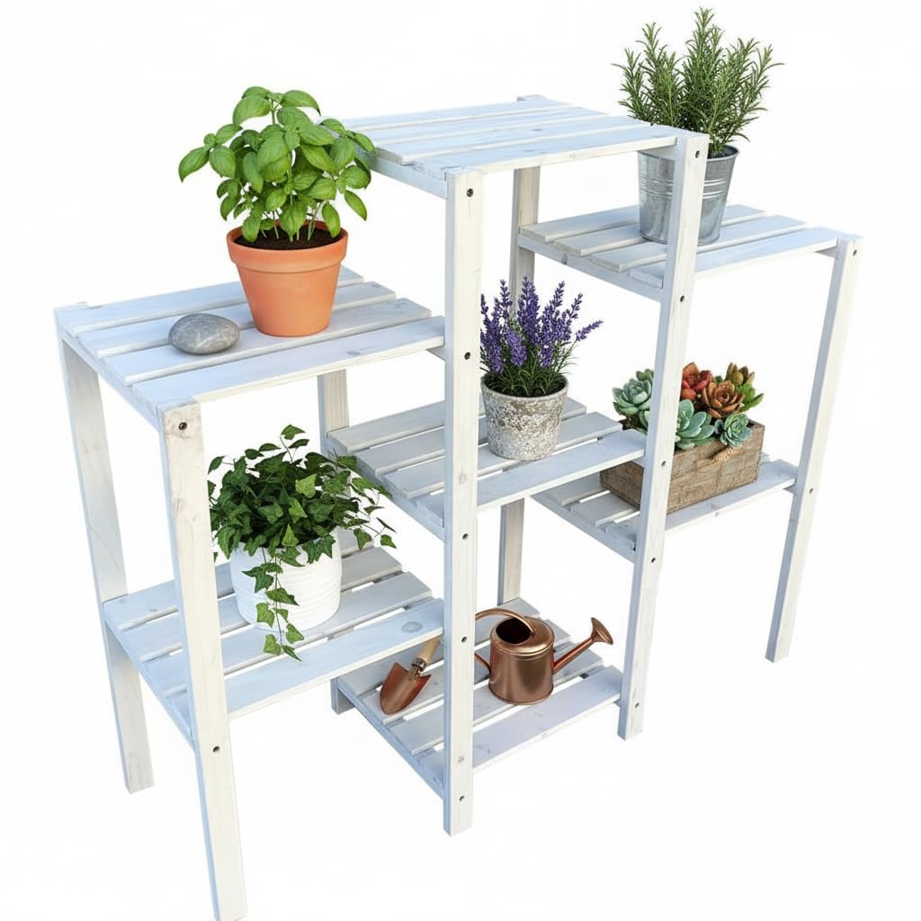 Melko Blumentreppe Pflanzentreppe mehrstöckig 97 x 31 x 87 cm Holzregal Weiss Blumenregal Pflanzrega