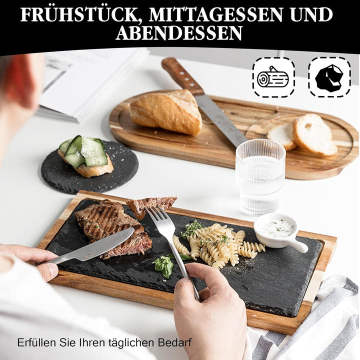 Schieferplatte Servierplatte, Für Steak und Grill Geschirr, Käsebrett aus Akazien-Holz und Natürlich
