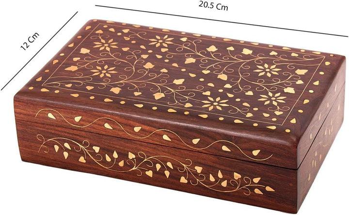 Ajuny Wooden Decorative Jewelry Storage Keepsake Box Organiser with Mughal Inspired Brass Inlay-8x5