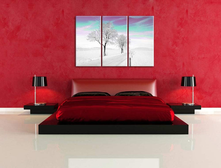 Schneebedeckter Baum in schöner Winterlandschaft schwarz/weiss 3-Teiler Leinwandbild 120x80 Bild auf