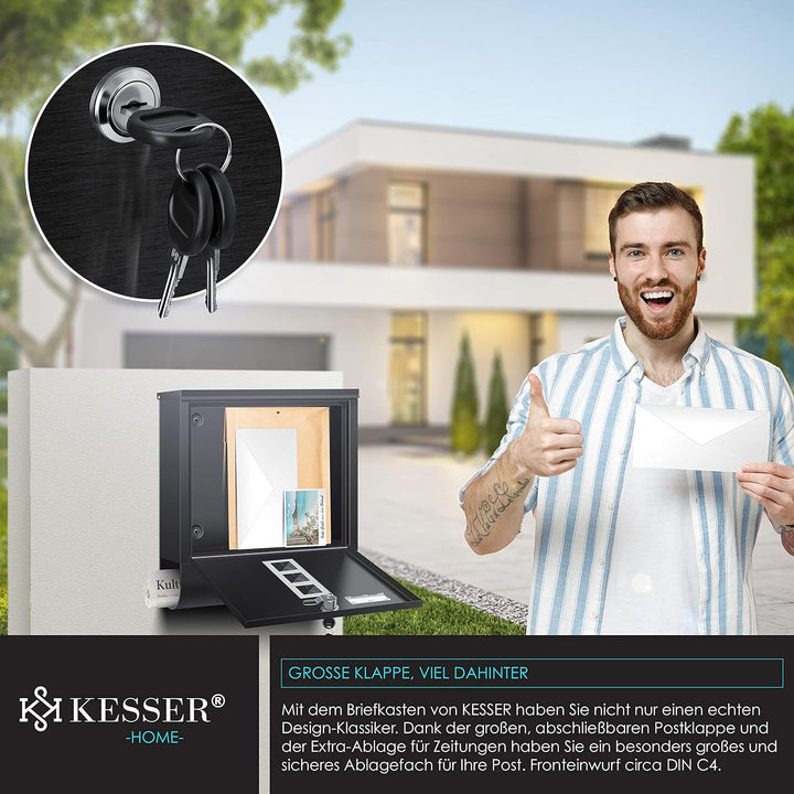 KESSER® Briefkasten Edelstahl mit Zeitungsfach Namensschild, Sichtfenster, gebürstet, 3X Schlüssel a