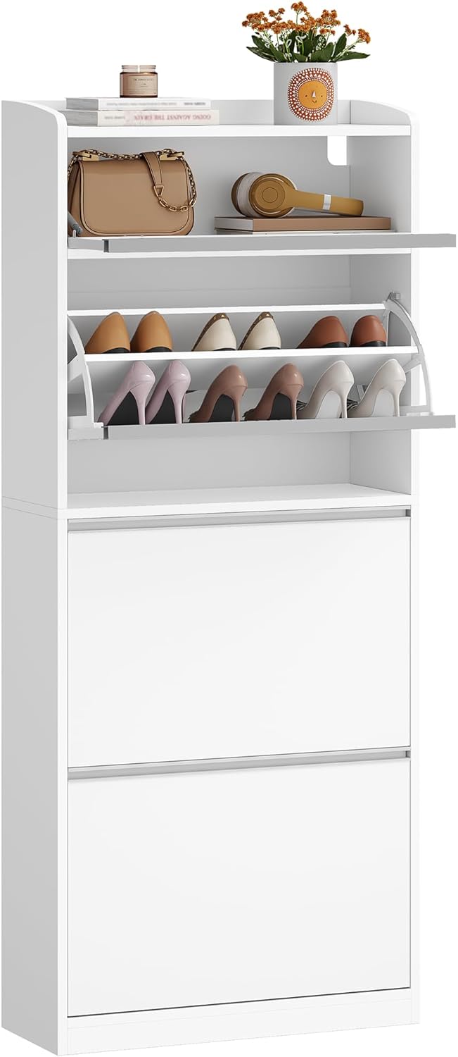 Schuhschrank Schmal mit 3 Klapptüren, Schuhkipper, Schmaler Schuhkommode mit 1 Dropdown Speicher, fü