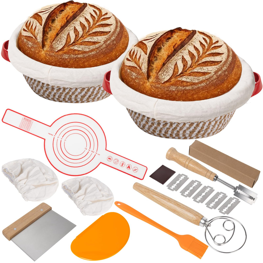 2 Gärkörbchen Rund,Sauerteig Starter Set,Geflochtener Gärkorb aus Baumwolle,Brot Backen Zubehör Mit