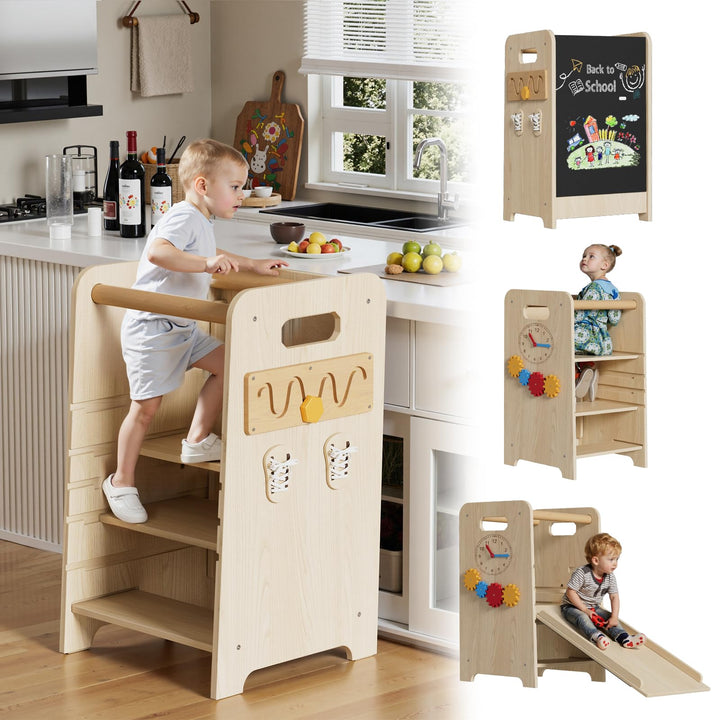 Montessori Lernturm ab 1 Jahr 4-in-1 Trittleiter Holz mit Tafel & Schiebeleiter 4-Fach Höhenverstell