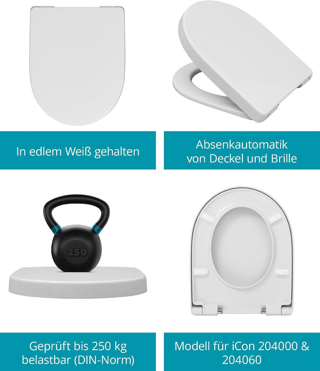 Calmwaters® Antibakterieller WC Sitz für Keramag iCon 204000 & 204060, D-Form mit rostbeständigen Ku