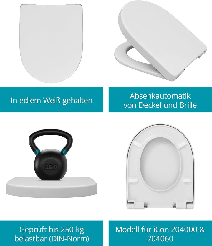 Calmwaters® Antibakterieller WC Sitz für Keramag iCon 204000 & 204060, D-Form mit rostbeständigen Ku