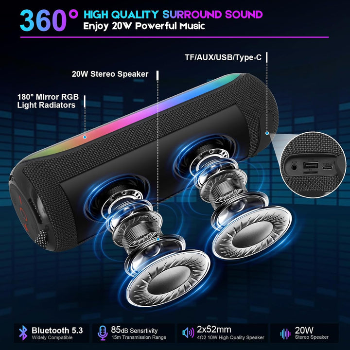Bluetooth Lautsprecher mit Licht, Tragbarer 20W Musikbox mit 360° HD Stereo Sound, 24 Std. Spielzeit