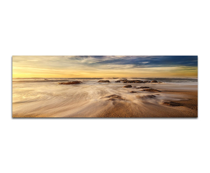 Paul Sinus Art Panoramabild auf Leinwand und Keilrahmen 150x50cm Strand Meer Wolkenschleier Morgendä