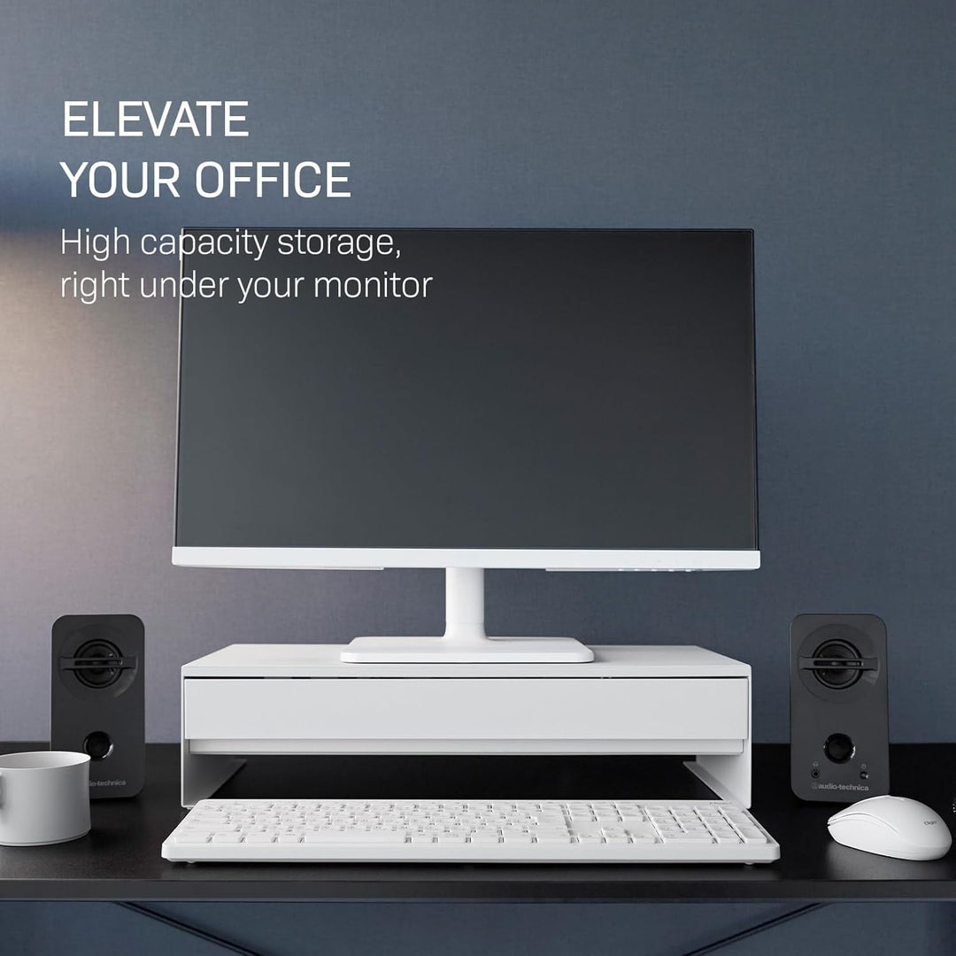 YAMAZAKI 10187 TOWER Monitorständer mit Schublade, weiss, Stahl / Magnet / Polypropylene / Silikon /