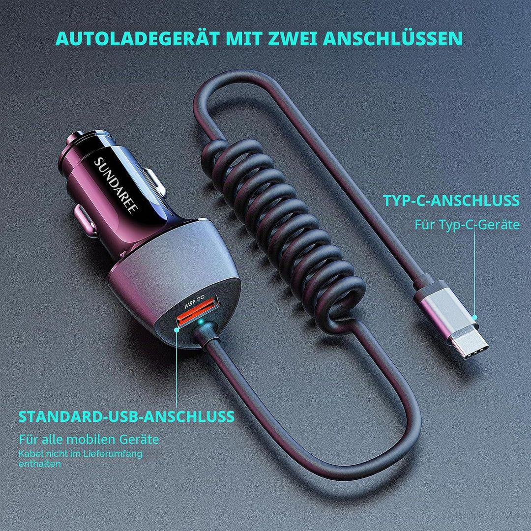 SUNDAREE Auto Ladegerät USB C Kabel,90W 12V 24V Kfz Handyladegeräte PD Typ C Schnellladen 1.8M Spira