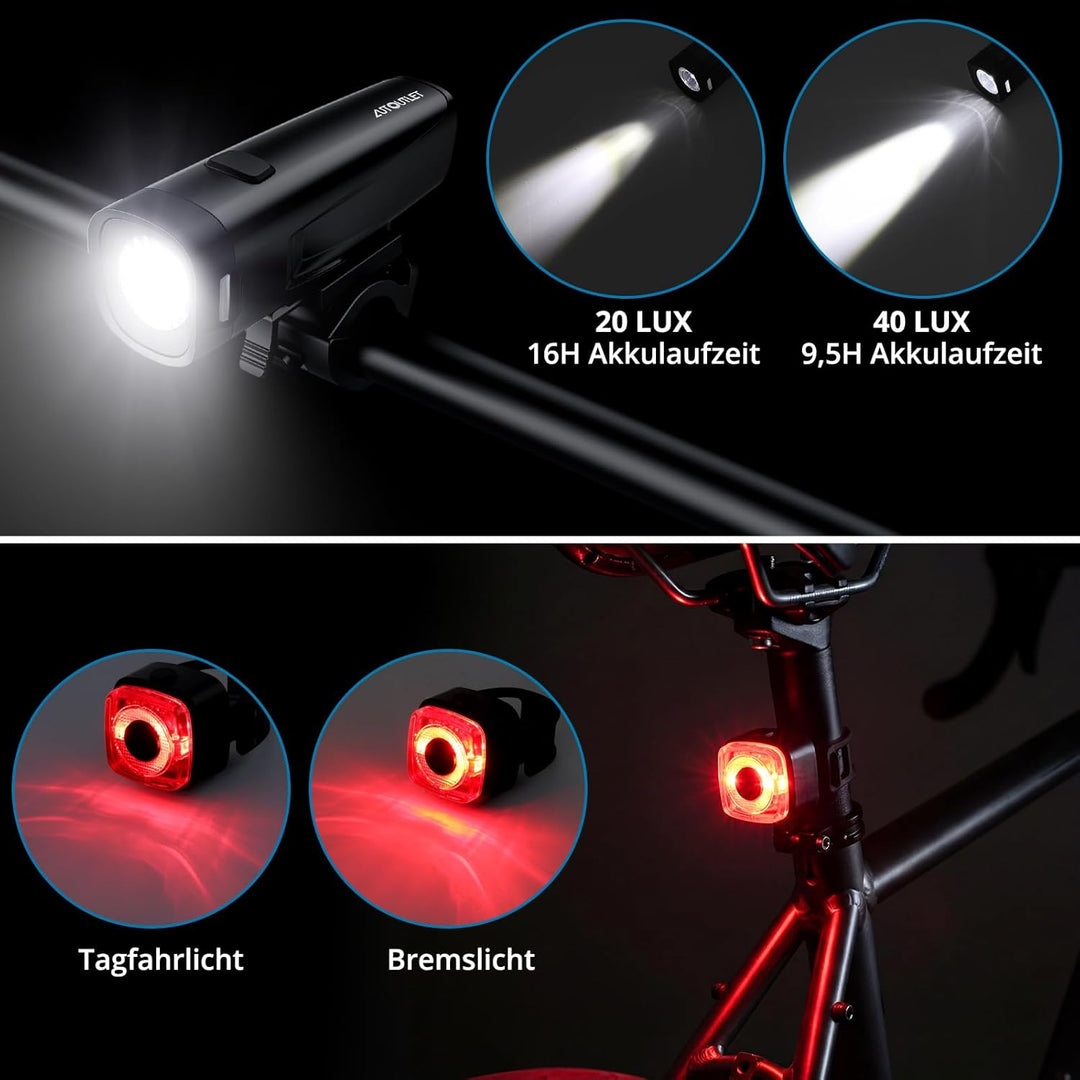 AUTOUTLET Fahrradlicht Set StVZO Zugelassen, 20/40 LUX LED Fahrradbeleuchtung USB-C Aufladbar bis zu