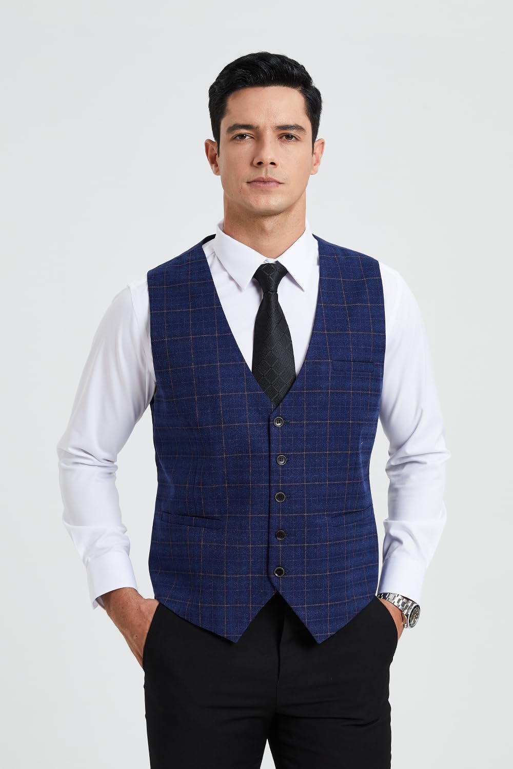 HISDERN Manner Formale Hochzeitsfeier Weste Baumwolle Plaid Kleid Anzug Weste für Herren Blau 4XL, B