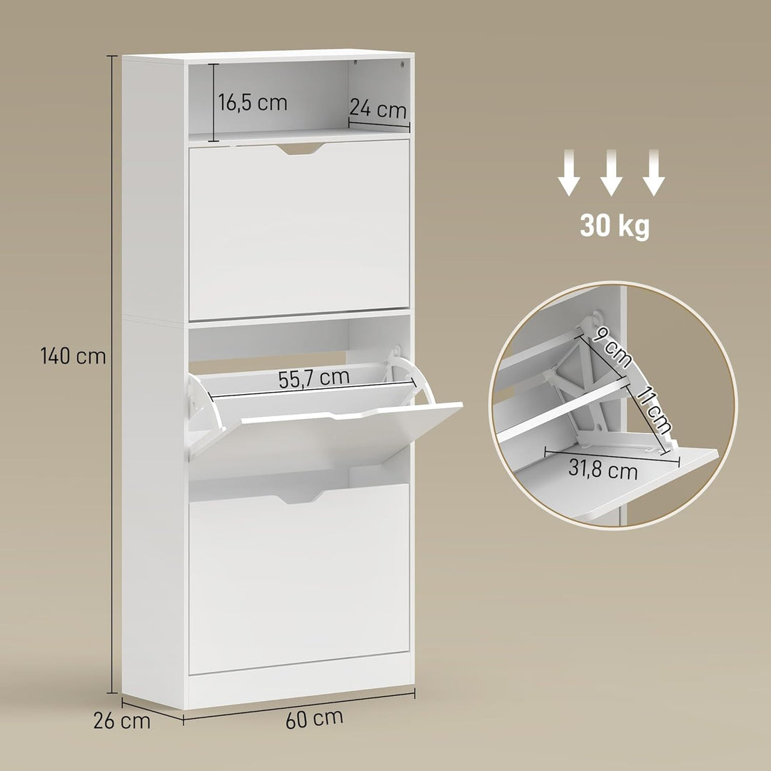 HOMCOM Schuhschrank mit 3 Klappen, Schmal Schuhkipper mit Ablage, Verstellbar Trennwand Schuhregal f