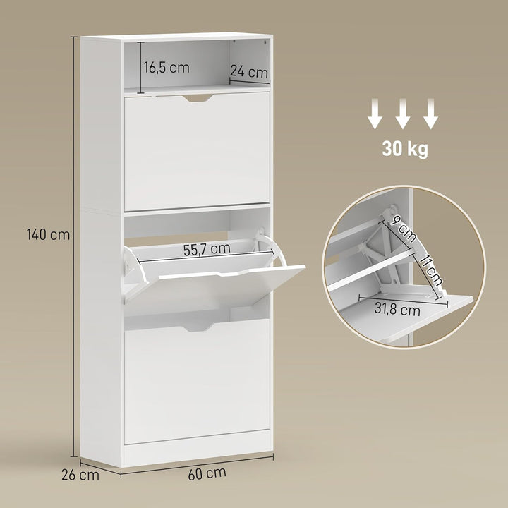 HOMCOM Schuhschrank mit 3 Klappen, Schmal Schuhkipper mit Ablage, Verstellbar Trennwand Schuhregal f
