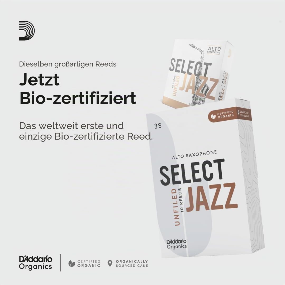 D'Addario Organisch Select Jazz Unfiled Alto Saxophon-Stimmzungen - Saxophonrohre - 2 Mittel, 10 Pac