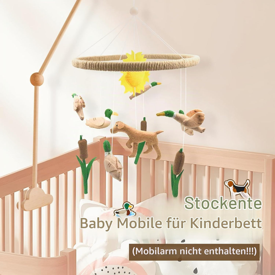 Mobile Baby, 3D Dackel Hund Mobile Babybett Holz mit Filz Schilf Ente und Sonne Handgemachtes Bettgl