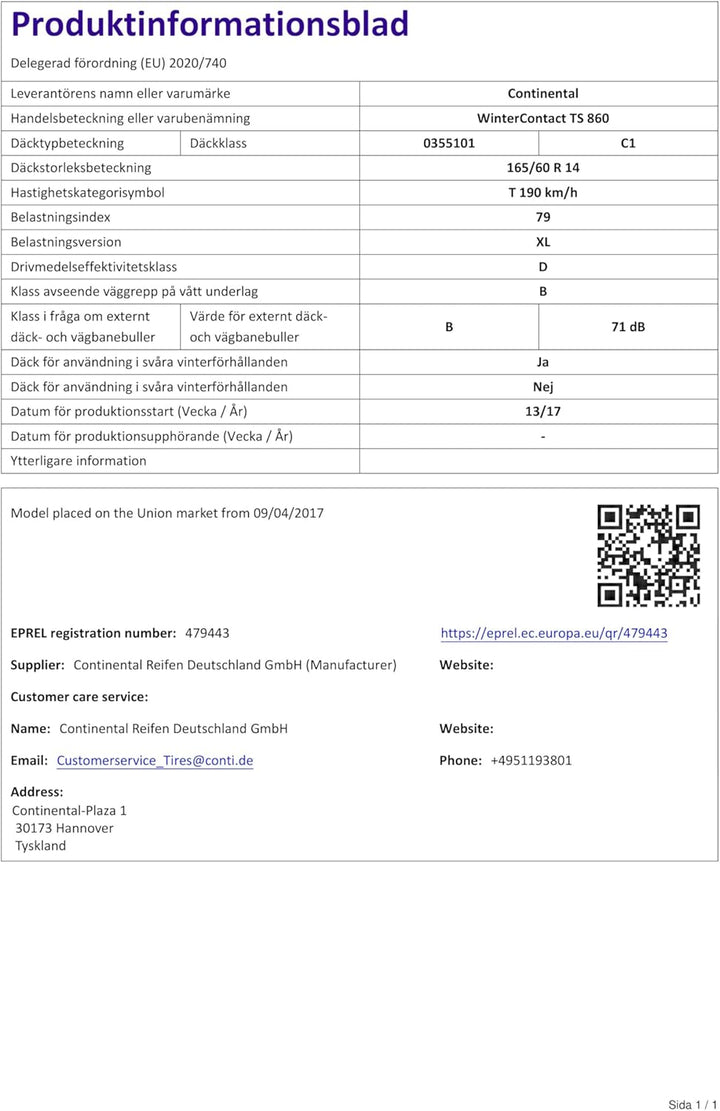 Continental WinterContact TS 860 - Winterreifen 165/60 R14 79T XL - E/B/71 165/60R14 79T - XL/M+S/3P