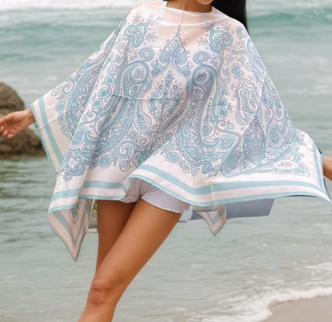 Damen 2-in-1 Sommer Poncho Schal aus Seide &amp; Baumwolle Mix leicht Umschlagtuch Tunika Schultertuch f