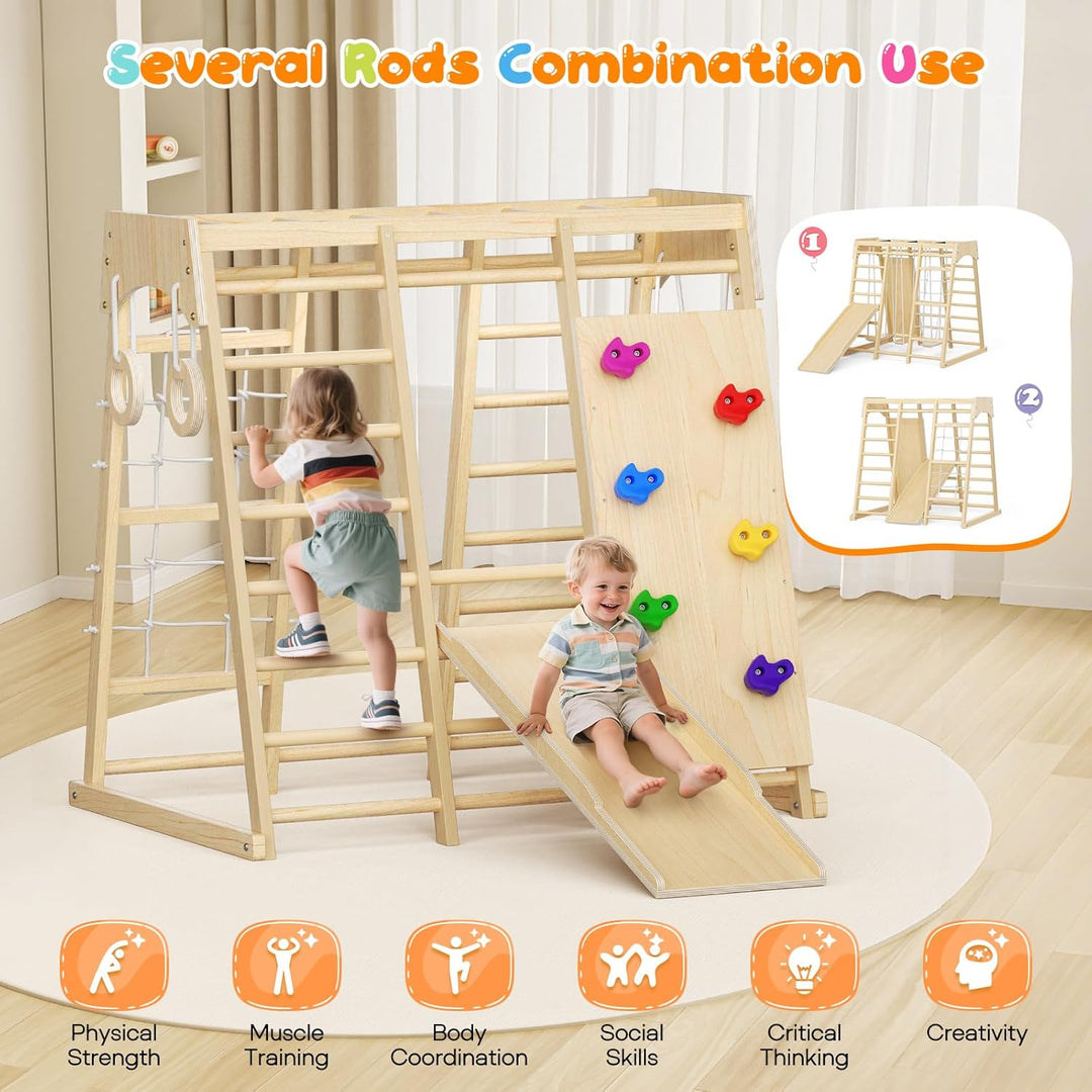 9-in-1-Klettergerüst für den Innenbereich für Kinder, Indoor-Spielplatz aus Holz mit Rutsche und Sch