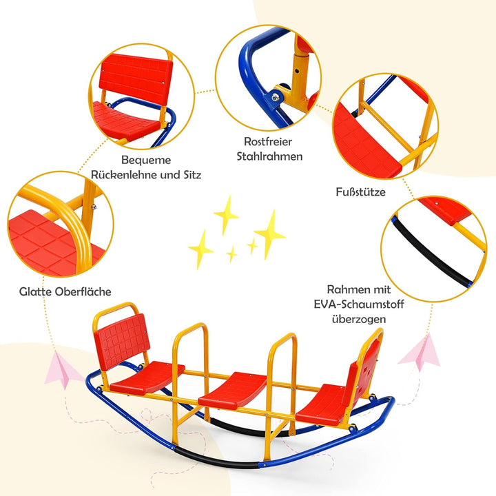 DREAMADE 3 Sitzer Kinder Wippe mit Rückenlehnen und Griffe, Schaukelwippe Metall 136x60x39cm, Karuss
