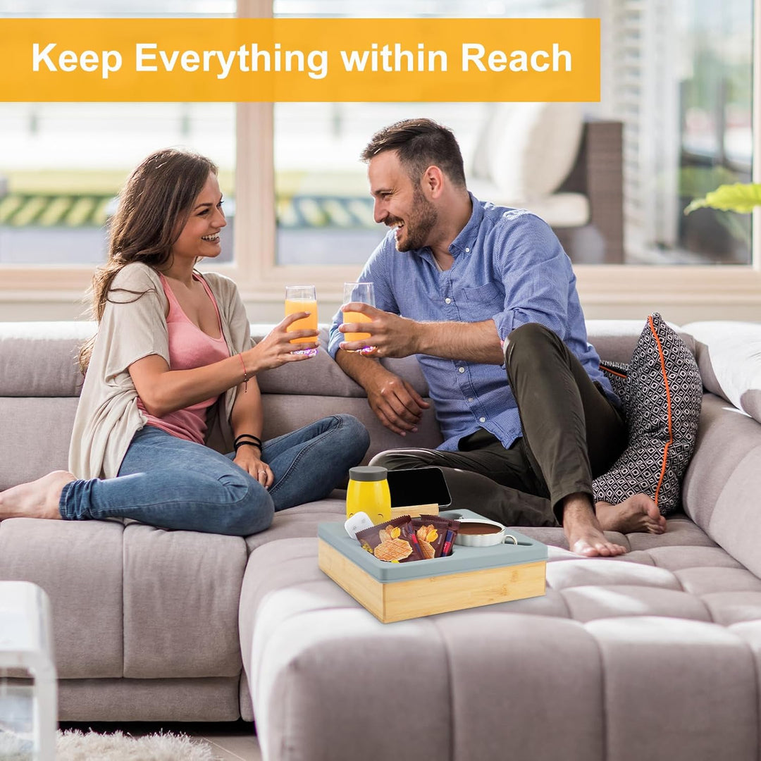 Bambus Snackbox Mit Fächern, Couchbar Snackteller Silikon, Bambusmaterial Couch Organizer, Sofatable