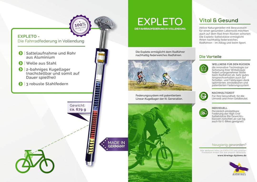 Airwings EXPLETO TRAVEL Gefederte Sattelstütze mit Linear-Kugellager, 425mm Länge Hard Ø30,9mm, Hard