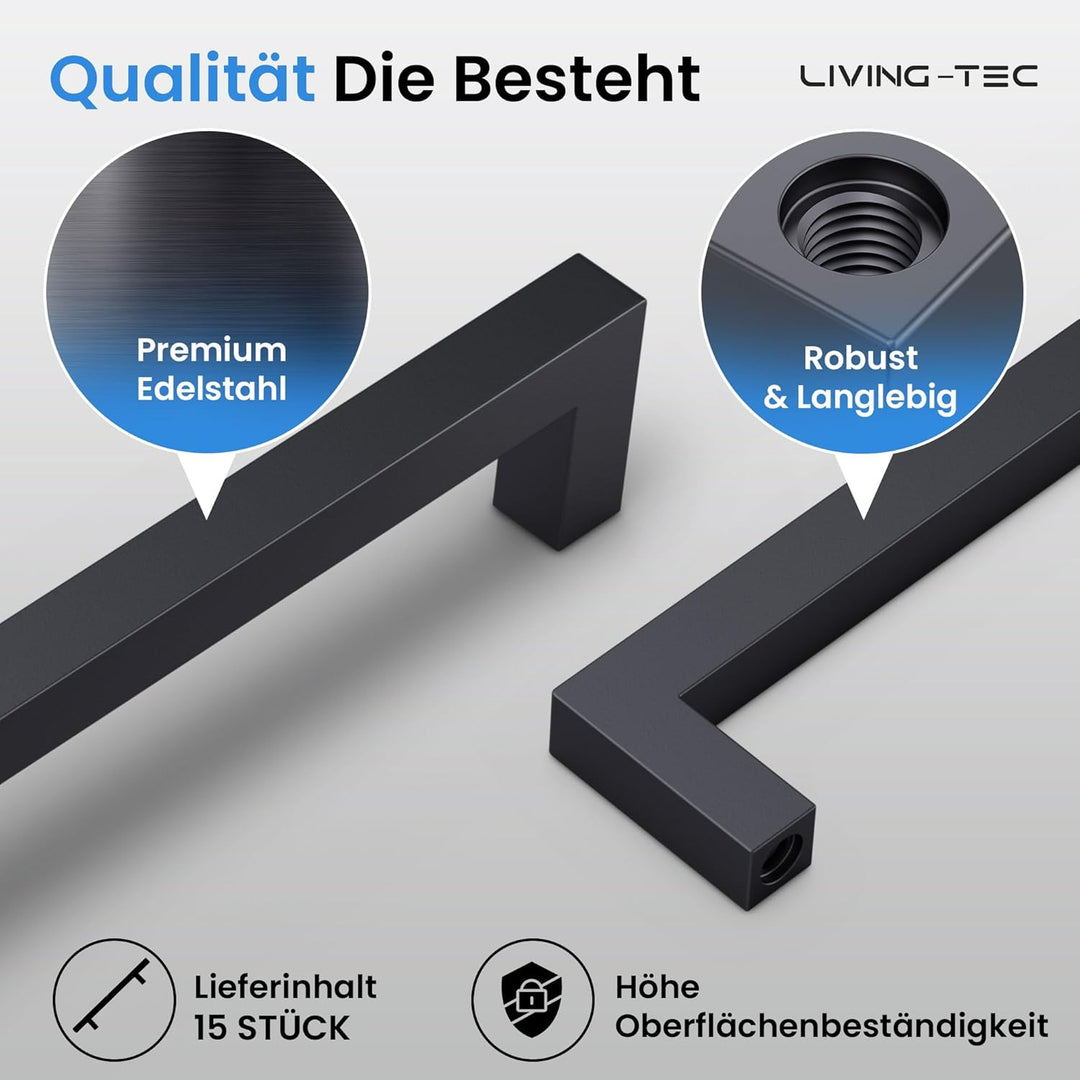 Schrankgriffe schwarz 15 Stück 128mm - Hochwertige Möbelgriffe aus vollem Edelstahl - Griffe für Küc
