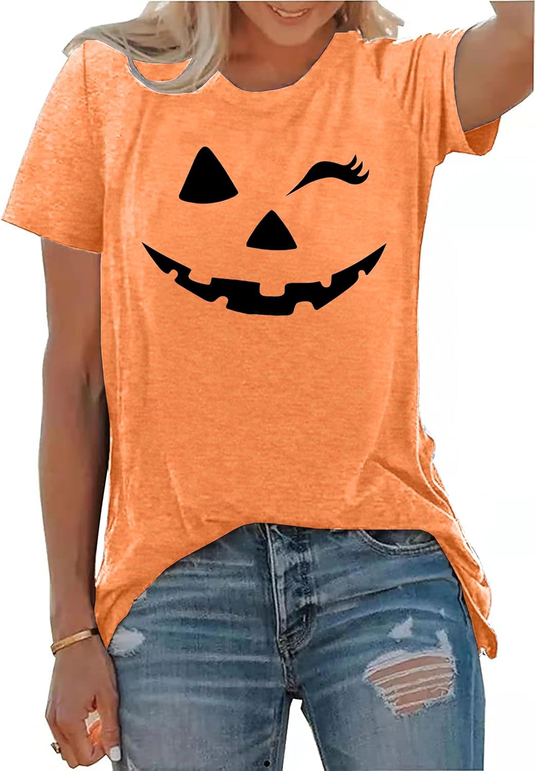 Damen Halloween KüRbisgesicht T-Shirt Frauen KüRbis Shirt Herbst Karneval Shirts M Orange2, M Orange